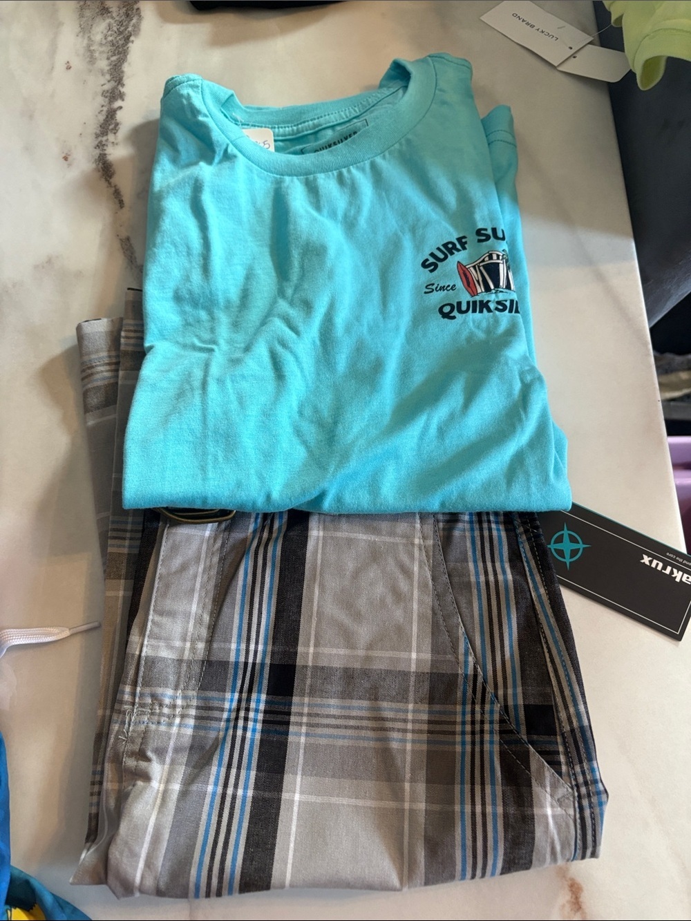 Quiksilver Boys Turquoise Tee and Gray Plaid Shorts Set